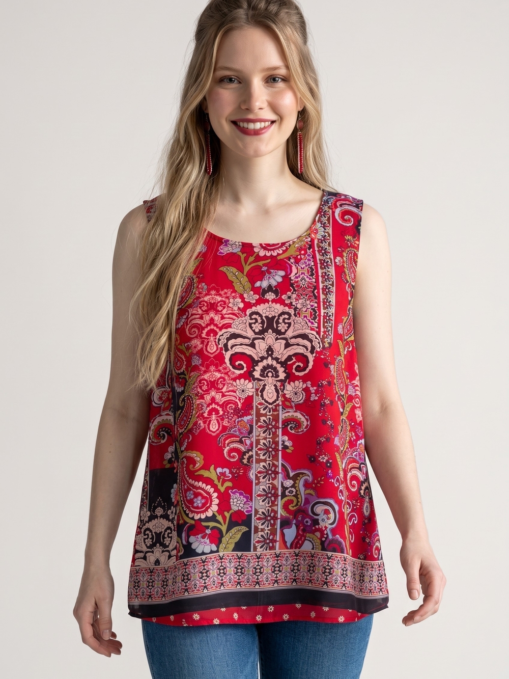Floral Paisley Red Sleeveless Tank Top